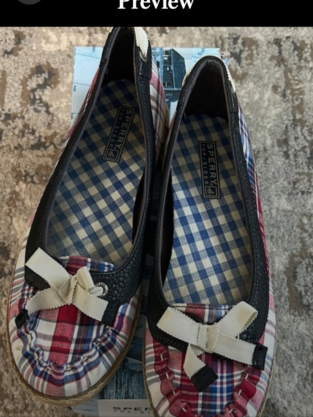 Sperry Women's Plaid Red Blue White Bow Trim Flats